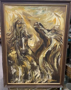 MCM Vintage Abstract Painting Horses OOC - Picture 1 of 4