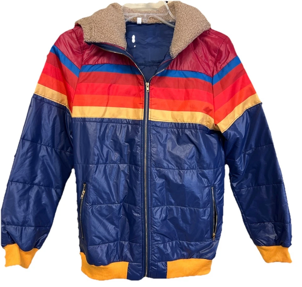 Chaqueta acolchada a rayas arco iris vintage años 70 Sherpa forrada capucha abrigo de esquí pequeño Foto 1 de 4