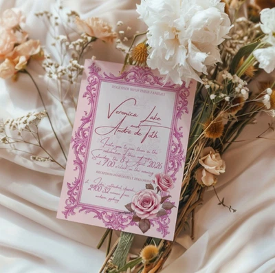 Plantilla de invitación de lienzo editable púrpura para boda, descarga instantánea Foto 1 de 4