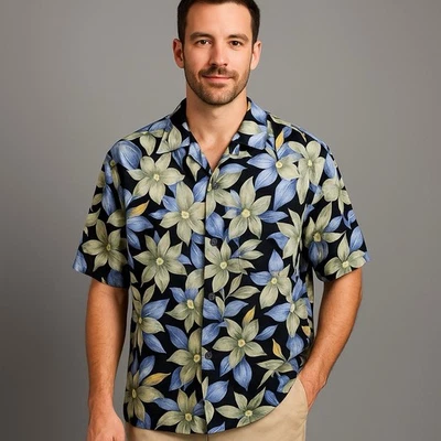 Camisa Hawaiana Bill Blass Seda XL Azul Floral Aloha Campamento Botón De Colección Foto 1 de 4
