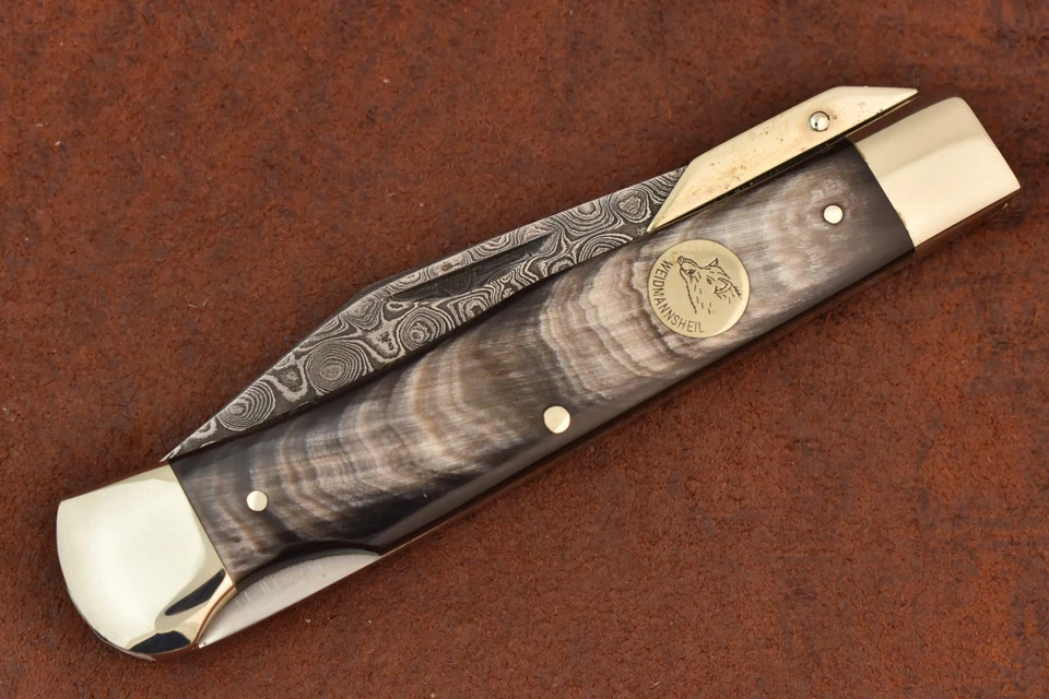WEIDMANNSHEIL SOLINGEN GERMANY BUFFALO HORN DAMASCUS SWING GUARD KNIFE (27611) - Image 1 of 4