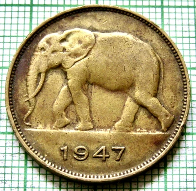 CONGO BELGA 1947 5 FRANCOS Moneda colonial, elefante km# 29 tipo un año Foto 1 de 4