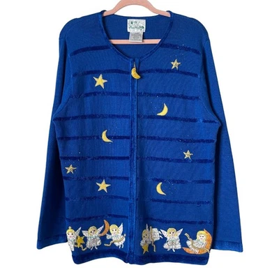 Cárdigan Suéter Vintage The Quacker Factory Mujer Grande Angel Star Luna Cuentas Foto 1 de 4