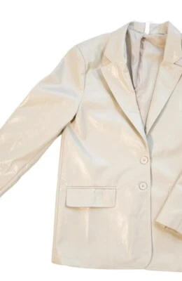 Glam Faux Leather Blazer Beige Jacket Coat Small New Foto 1 de 4