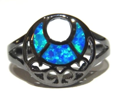 ANILLO LUNA CRECIENTE AZUL NEGRO METAL PISTOLA gótico oculto ojo místico imitación ópalo de fuego T3 Foto 1 de 4