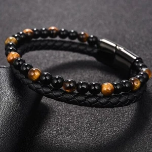 Men Leather Braided Bracelet Natural Obsidian Tiger's Eye Stone Bracelet Bangle - Picture 1 of 4