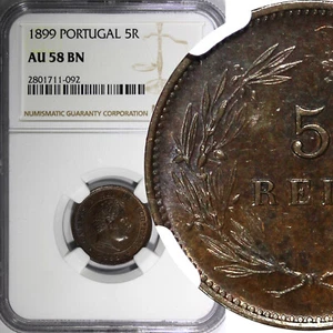 Portugal Carlos I Bronze 1899 5 Reis NGC AU58 BN KM# 530 (092) - Picture 1 of 5