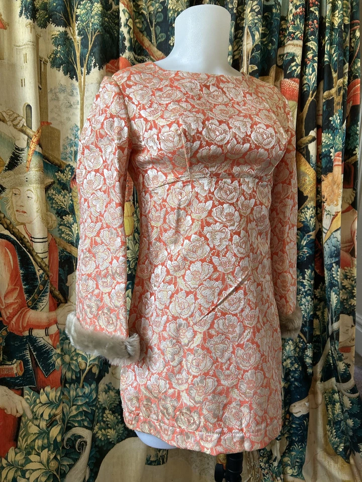 Vintage 60s OOAK Stunning Mini Dress Set with Fur Trim, Silver & Orange Brocade - Image 1 of 4