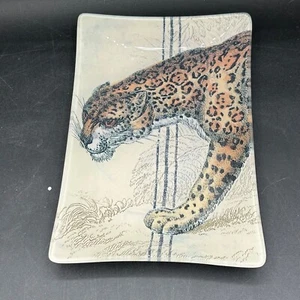 Pottery Barn Gold Cat Glass Tray / Plate / Platter Leopard Jaguar - Picture 1 of 7