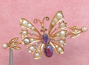 ANTIQUE VICTORIAN PEARL AMETHYST GARNET RUBY 18K BUTTERFLY BROOCH PIN c1900 - Picture 1 of 17