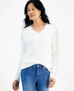 Style & Co Women's Cotton Cable-Knit V-Neck Sweater Natural SZ L DEFECT - Picture 1 of 6