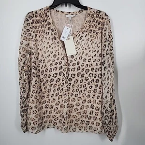 New Joie Cordell 100% Silk Leopard Print Smocked Top Cappuccino Size Large - Picture 1 of 6