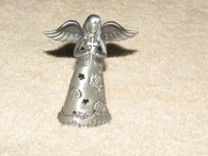 ANGEL HOLDING CROSS sm silver metal gown w/flowers & stars (office shelf) - Picture 1 of 7