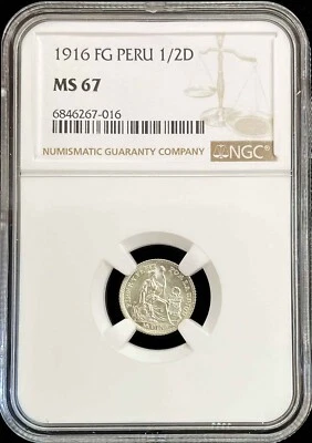 1916 SILVER PERU 1/2 DINERO SEATED LIBERTY COIN NGC MINT STATE 67 - Image 1 of 2
