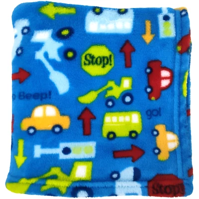 Baby Kiss Blue Construction Vehicles Blanket Fleece Cars Stop Honk Beep Arrow - Image 1 of 3