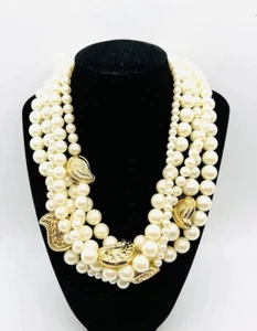 Grueso RICHELIEU 5 Hilos Imitación Perla Babero Collar Etiqueta Original Joyería De Colección - Imagen 1 de 9
