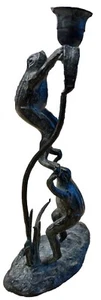 Bronze Brass Acrobatic Frogs Candelabra Candle Holder Sculpture*Green Patina*Vtg - Picture 1 of 13