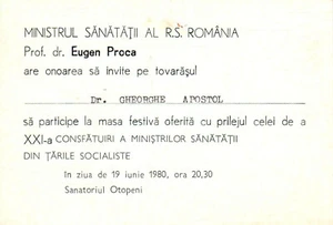 Rumania, 1980, invitación a evento vintage / Dr. APOSTÓLICO - Ministerio de salud, RSR - Imagen 1 de 1