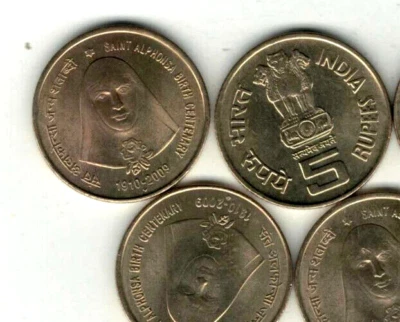 India 5 RUPEES KM-365 2009 St Alphonsa 100 Birth Indian UNC COMMEMORATIVE COIN - Image 1 of 2