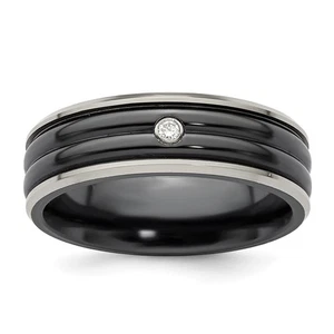 Black & Grey Titanium Edge .03 Ct Diamond Sterling Silver 7mm Band Ring Size 10 - Picture 1 of 7