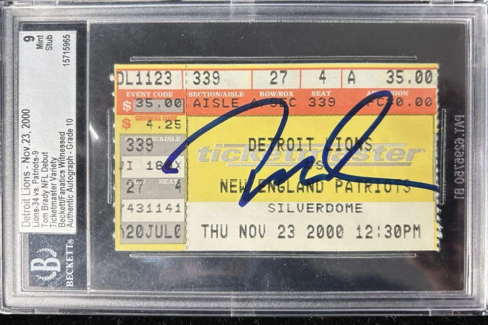 Boleto de debut firmado por Tom Brady 2000 Beckett grado 9/10 autógrafo Fanatics Witness Foto 1 de 4