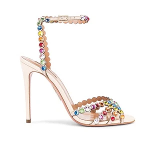 NIB AQUAZZURA Mini Tequila 105 Crystal-Embellished Cream Leather Sandals Size 35 - Picture 1 of 7