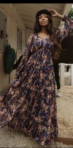 NEW Ivy City Co Womens 1X Cassia Maxi Dress Navy Floral Metallic Long Sleeve - Picture 1 of 6