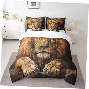 3D Lion Comforter Set with Sheets Lion Animal Print 7 Piece Queen Yellow - Picture 1 of 7