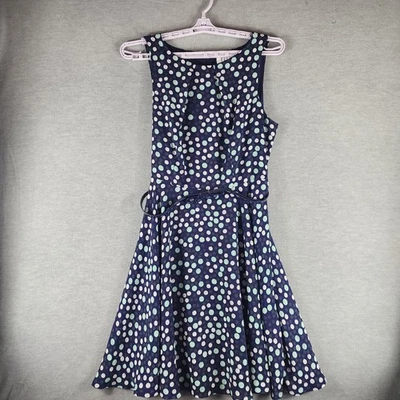 ELLE Dress Womens 12 Navy Polka Dot Fit & Flare Sleeveless Belted Lined A-Line - Image 1 of 4