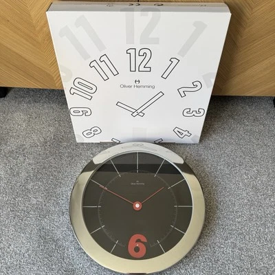Oliver Hemming Designer Contemporary Wall Round Clock Chrome Black Red 41cm New - Image 1 of 4