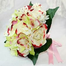 1" Red & Cream Rose Orchid Bridal Bouquet Wedding Artificial Silk Flowers