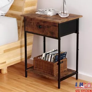 Narrow 2 Tiers Nightstand W/ Fabric Drawer Bedside Table Easy Assembly 22.8'' - Picture 1 of 7