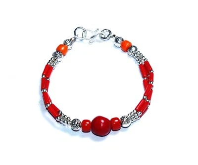 Pulsera nepalí hecha a mano con piedras preciosas de coral ámbar tibetano tamaño 7-8,5 pulgadas Foto 1 de 4