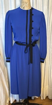 Винтажный NIPON бутик женщин синий/черный креп L рукав миди платье Sz 2 подержанные  - Изображение 1 из 4
