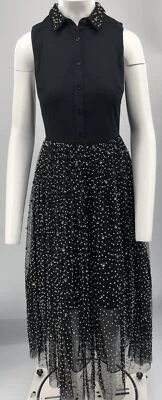 Vestido Alice + Olivia Negro Sin Mangas Cuello Ajuste + Acampanado con Detalle de Cuentas talla S Foto 1 de 4