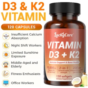 Vitamin D3 K2 Softgels Capsules - Extra Strength D3 K2 Supplements with 10000 IU - Picture 1 of 10