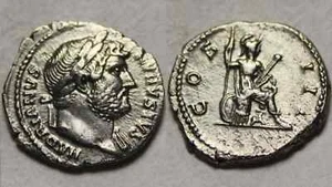 Genuine ancient Roman silver coin denarius Hadrian 117AD Roma parazonium & spear - Picture 1 of 4