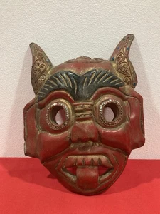 Vintage chinesischer asiatischer Drache Teufel handgeschnitzt bemalt Holz Wandmaske - Bild 1 von 16