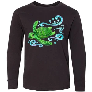 Inktastic Sea Turtle Swimming Youth Long Sleeve T-Shirt Turtles Green Cute Love - Picture 1 of 4