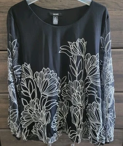 ALFANI Black Lined Sheer Silver Metallic Embroidered Floral Blouse,Lg Slv, Sz M - Picture 1 of 6