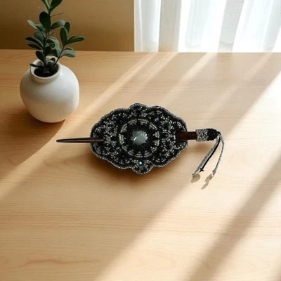 Handcrafted Beaded Hair Barrette w/ Wood Stick 4”x2.5” Black Silver Beads 6” Pin - Image 1 of 4