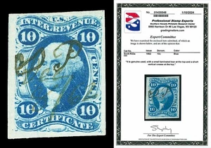 Scott R33a 1862 10c Imperf Certificate Revenue Used VF Cat $400 with PSE CERT - Bild 1 von 1