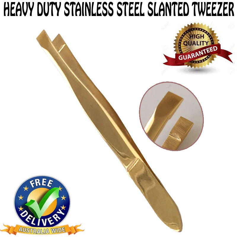 EYEBROW TWEEZER PLUCKER PULLER SLANT TIP STAINLESS STEEL GOLDEN TWEEZERS