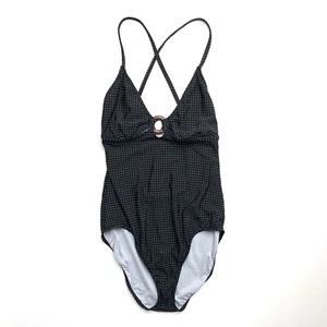 Vintage 90s Y2K 2000s Black Hoop Polka Dot Low Back One Piece Swim Suit M L 10 - Picture 1 of 20