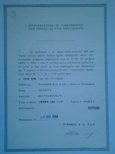 DICHIARAZIONE DI CONFORMITA' VESPA 125 VNB 28 APRILE 1964 ( aa19-1-10) - Imagen 1 de 1