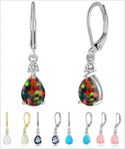 Blue Fire Opal Hoop Silver Earrings Gemstone 925 Jewelry For Women - Picture 1 of 30