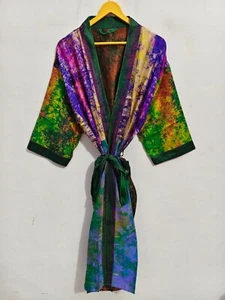 Multi Color Bathrobe Mother's Gown Indian Tie dye Sari Silk Kimono, T-655 - Picture 1 of 7