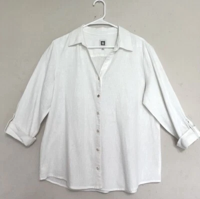 Anne Klein Top Women’s Size Large Ivory Button Front Rolled Tab Sleeve Career - Image 1 of 4