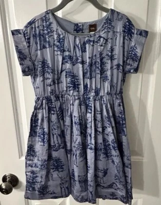TEA COLLECTION Girl’s Size 5 Blue Chambray Forest Toile Dress Woodland Holiday - Image 1 of 4