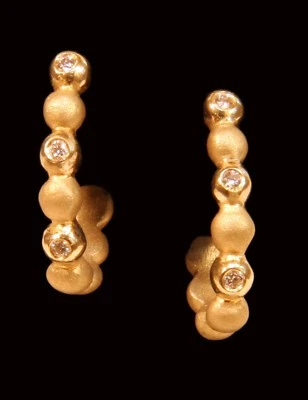NEW: Huggie Earrings Small Hoops -18K Gold & Dots of Diamonds; Customization ok - Image 1 of 4